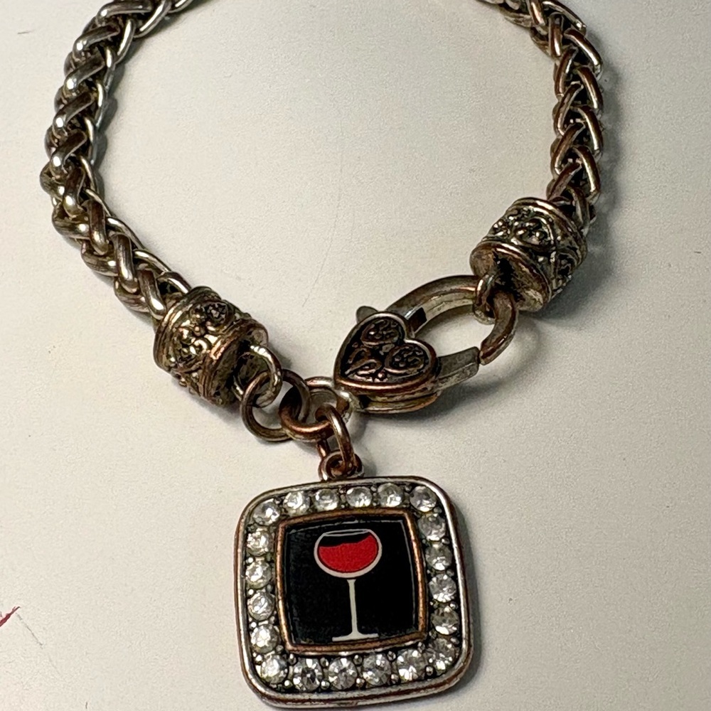 Wine Glass Rhinestone Charm Bracelet Silver Tone Toggle Clasp - Picture 2 of 9